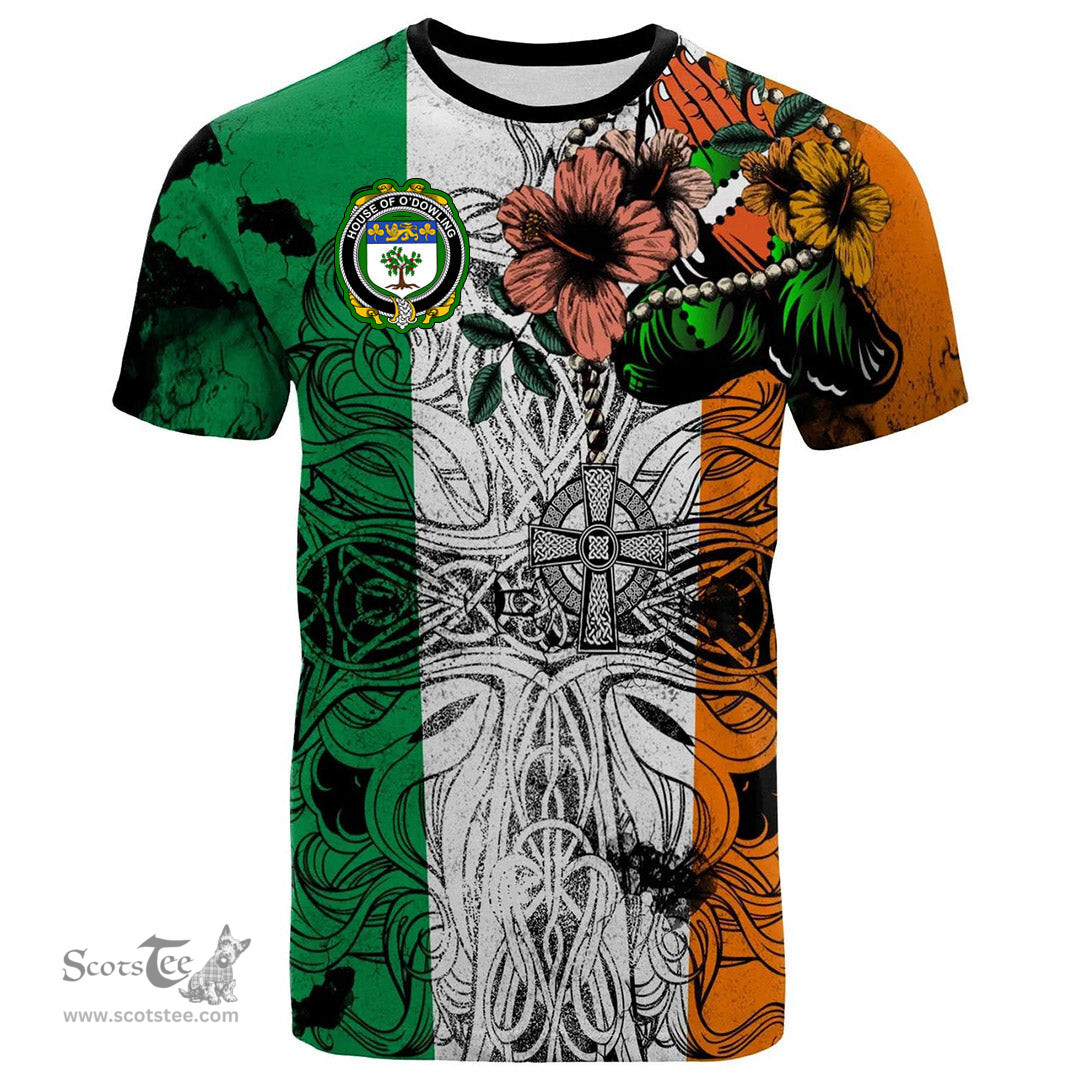 ScotsTee Shop Irish House of O DOWLING Coat of Arms Irish Family Crest T Shirt Celtic Ireland Green, White and Orange T Shirt