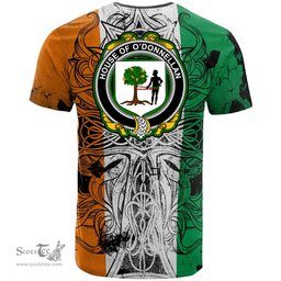 ScotsTee Shop Irish House of O DONNELLAN Coat of Arms Irish Family Crest T Shirt Celtic Ireland Green, White and Orange T Shirt