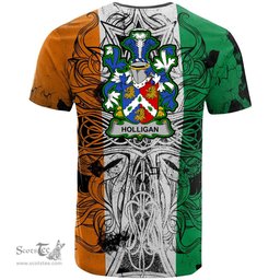 ScotsTee Shop Irish Holligan or O Halligan Coat of Arms Irish Family Crest T Shirt Celtic Ireland Green, White and Orange T Shirt