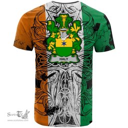ScotsTee Shop Irish Haly or O Haly Coat of Arms Irish Family Crest T Shirt Celtic Ireland Green, White and Orange T Shirt