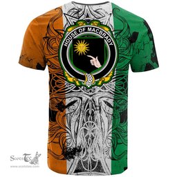 ScotsTee Shop Irish House of MACBRADY Coat of Arms Irish Family Crest T Shirt Celtic Ireland Green, White and Orange T Shirt