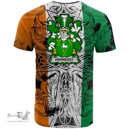ScotsTee Shop Irish Hennessy or O Hennessy Coat of Arms Irish Family Crest T Shirt Celtic Ireland Green, White and Orange T Shirt
