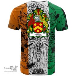 ScotsTee Shop Irish Forkin Coat of Arms Irish Family Crest T Shirt Celtic Ireland Green, White and Orange T Shirt