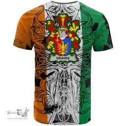 ScotsTee Shop Irish Graves or Greaves Coat of Arms Irish Family Crest T Shirt Celtic Ireland Green, White and Orange T Shirt
