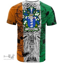 ScotsTee Shop Irish Healey or O Healey Coat of Arms Irish Family Crest T Shirt Celtic Ireland Green, White and Orange T Shirt