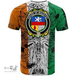 ScotsTee Shop Irish House of MACEVOY Coat of Arms Irish Family Crest T Shirt Celtic Ireland Green, White and Orange T Shirt