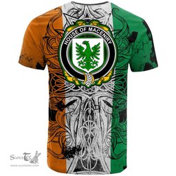 ScotsTee Shop Irish House of MACENIRY Coat of Arms Irish Family Crest T Shirt Celtic Ireland Green, White and Orange T Shirt