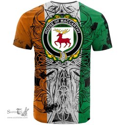 ScotsTee Shop Irish House of MACCARTHY Coat of Arms Irish Family Crest T Shirt Celtic Ireland Green, White and Orange T Shirt
