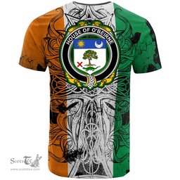 ScotsTee Shop Irish House of O BEIRNE Coat of Arms Irish Family Crest T Shirt Celtic Ireland Green, White and Orange T Shirt
