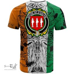 ScotsTee Shop Irish House of O GALVIN Coat of Arms Irish Family Crest T Shirt Celtic Ireland Green, White and Orange T Shirt
