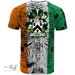 ScotsTee Shop Irish Hall or MacHall Coat of Arms Irish Family Crest T Shirt Celtic Ireland Green, White and Orange T Shirt