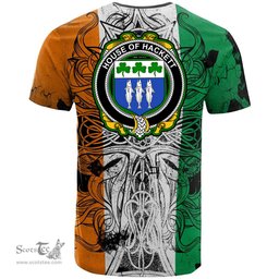 ScotsTee Shop Irish House of HACKETT Coat of Arms Irish Family Crest T Shirt Celtic Ireland Green, White and Orange T Shirt