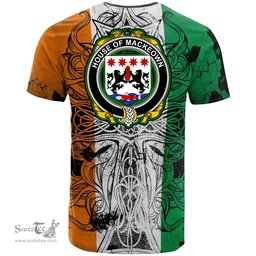 ScotsTee Shop Irish House of MACKEOWN Coat of Arms Irish Family Crest T Shirt Celtic Ireland Green, White and Orange T Shirt