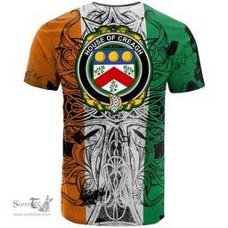 ScotsTee Shop Irish House of CREAGH Coat of Arms Irish Family Crest T Shirt Celtic Ireland Green, White and Orange T Shirt