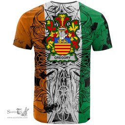 ScotsTee Shop Irish Gregory Coat of Arms Irish Family Crest T Shirt Celtic Ireland Green, White and Orange T Shirt