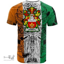 ScotsTee Shop Irish Gamble Coat of Arms Irish Family Crest T Shirt Celtic Ireland Green, White and Orange T Shirt