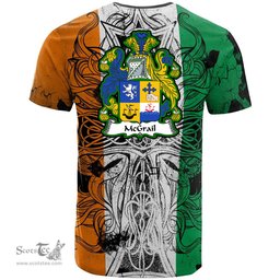ScotsTee Shop Irish McGrail Coat of Arms Irish Family Crest T Shirt Celtic Ireland Green, White and Orange T Shirt