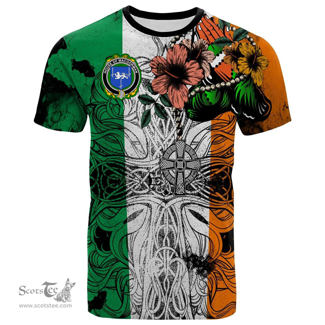 ScotsTee Shop Irish House of MACGORMAN Coat of Arms Irish Family Crest T Shirt Celtic Ireland Green, White and Orange T Shirt