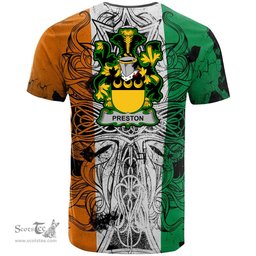 ScotsTee Shop Irish Preston Coat of Arms Irish Family Crest T Shirt Celtic Ireland Green, White and Orange T Shirt