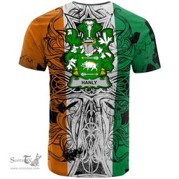 ScotsTee Shop Irish Hanly or O Hanley Coat of Arms Irish Family Crest T Shirt Celtic Ireland Green, White and Orange T Shirt