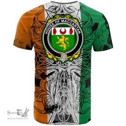 ScotsTee Shop Irish House of MACCARTAN Coat of Arms Irish Family Crest T Shirt Celtic Ireland Green, White and Orange T Shirt