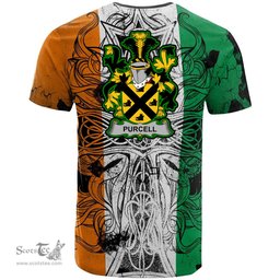 ScotsTee Shop Irish Purcell Coat of Arms Irish Family Crest T Shirt Celtic Ireland Green, White and Orange T Shirt