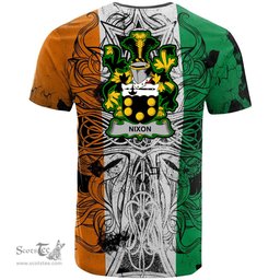 ScotsTee Shop Irish Nixon Coat of Arms Irish Family Crest T Shirt Celtic Ireland Green, White and Orange T Shirt