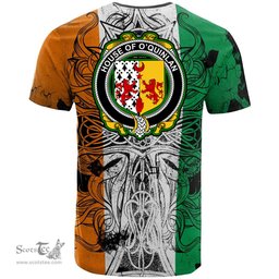 ScotsTee Shop Irish House of O QUINLAN Coat of Arms Irish Family Crest T Shirt Celtic Ireland Green, White and Orange T Shirt