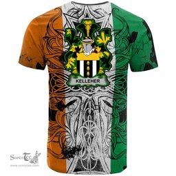 ScotsTee Shop Irish Kelleher or O Kelleher Coat of Arms Irish Family Crest T Shirt Celtic Ireland Green, White and Orange T Shirt