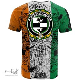 ScotsTee Shop Irish House of O SULLIVAN Beare Coat of Arms Irish Family Crest T Shirt Celtic Ireland Green, White and Orange T Shirt