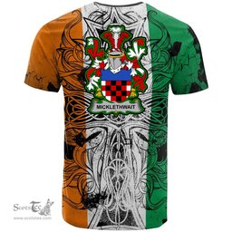 ScotsTee Shop Irish Micklethwait Coat of Arms Irish Family Crest T Shirt Celtic Ireland Green, White and Orange T Shirt