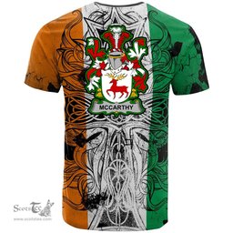 ScotsTee Shop Irish McCarthy Coat of Arms Irish Family Crest T Shirt Celtic Ireland Green, White and Orange T Shirt