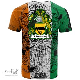 ScotsTee Shop Irish Morrissey Coat of Arms Irish Family Crest T Shirt Celtic Ireland Green, White and Orange T Shirt