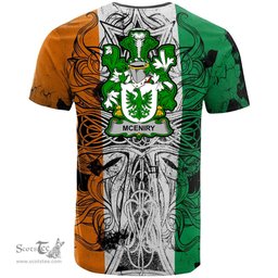ScotsTee Shop Irish McEniry or McEnery Coat of Arms Irish Family Crest T Shirt Celtic Ireland Green, White and Orange T Shirt
