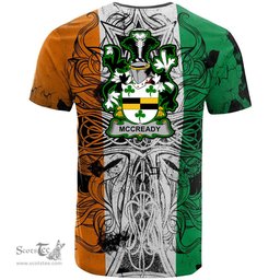 ScotsTee Shop Irish McCready or McCreadie Coat of Arms Irish Family Crest T Shirt Celtic Ireland Green, White and Orange T Shirt