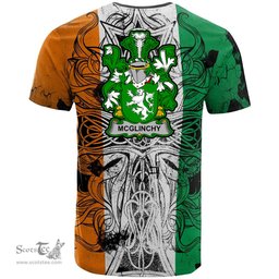 ScotsTee Shop Irish McGlinchy or McGlinchey Coat of Arms Irish Family Crest T Shirt Celtic Ireland Green, White and Orange T Shirt