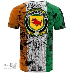 ScotsTee Shop Irish House of O MALLEY Coat of Arms Irish Family Crest T Shirt Celtic Ireland Green, White and Orange T Shirt