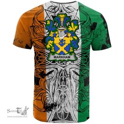 ScotsTee Shop Irish Markham Coat of Arms Irish Family Crest T Shirt Celtic Ireland Green, White and Orange T Shirt