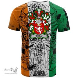 ScotsTee Shop Irish Keegan or Egan Coat of Arms Irish Family Crest T Shirt Celtic Ireland Green, White and Orange T Shirt