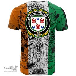 ScotsTee Shop Irish House of O MULLALLY Coat of Arms Irish Family Crest T Shirt Celtic Ireland Green, White and Orange T Shirt