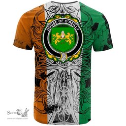 ScotsTee Shop Irish House of O REILLY Coat of Arms Irish Family Crest T Shirt Celtic Ireland Green, White and Orange T Shirt