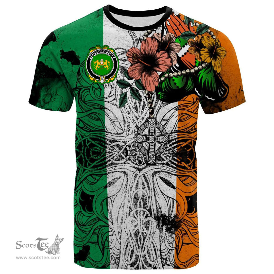 ScotsTee Shop Irish House of O REILLY Coat of Arms Irish Family Crest T Shirt Celtic Ireland Green, White and Orange T Shirt