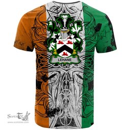 ScotsTee Shop Irish Lehane or O Lehane Coat of Arms Irish Family Crest T Shirt Celtic Ireland Green, White and Orange T Shirt