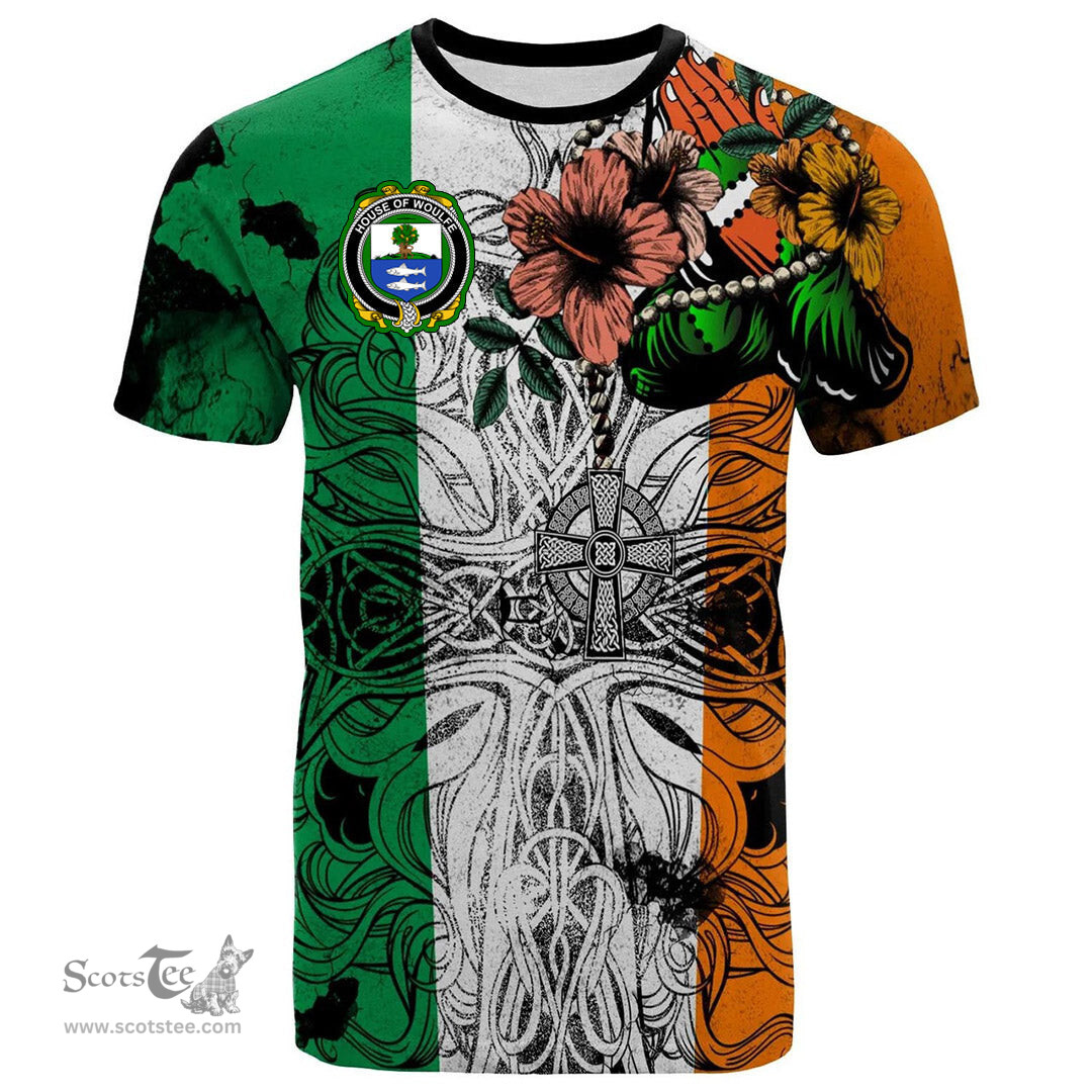 ScotsTee Shop Irish House of WOULFE Coat of Arms Irish Family Crest T Shirt Celtic Ireland Green, White and Orange T Shirt