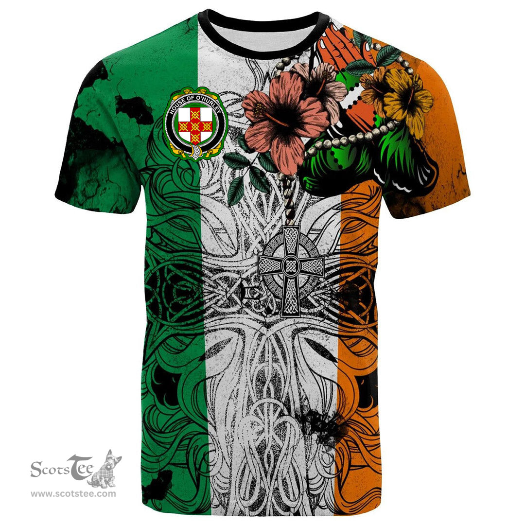 ScotsTee Shop Irish House of O HURLEY Coat of Arms Irish Family Crest T Shirt Celtic Ireland Green, White and Orange T Shirt