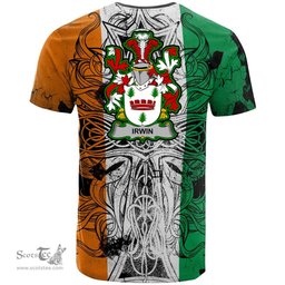 ScotsTee Shop Irish Irwin Coat of Arms Irish Family Crest T Shirt Celtic Ireland Green, White and Orange T Shirt