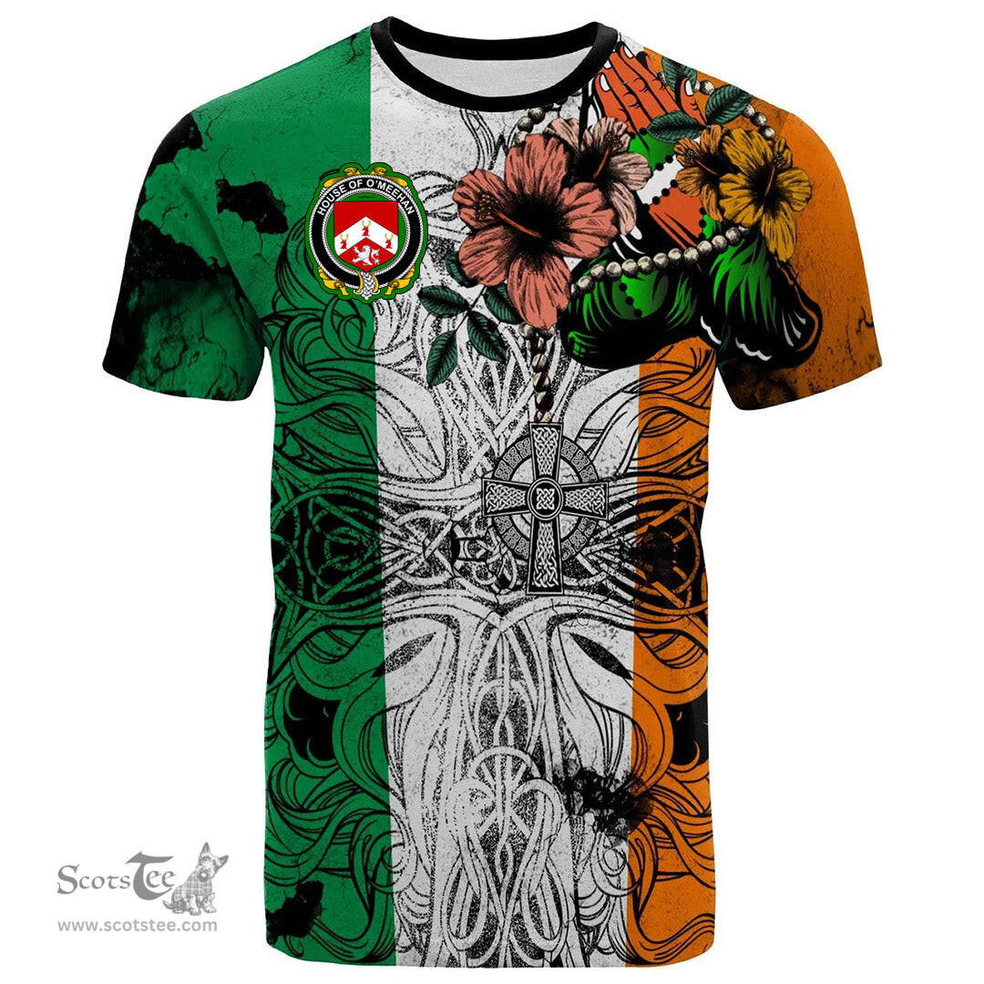 ScotsTee Shop Irish House of O MEEHAN Coat of Arms Irish Family Crest T Shirt Celtic Ireland Green, White and Orange T Shirt