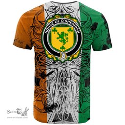 ScotsTee Shop Irish House of O SHERIDAN Coat of Arms Irish Family Crest T Shirt Celtic Ireland Green, White and Orange T Shirt