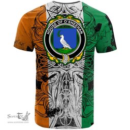 ScotsTee Shop Irish House of O SHEEHAN Coat of Arms Irish Family Crest T Shirt Celtic Ireland Green, White and Orange T Shirt