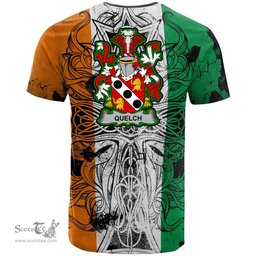 ScotsTee Shop Irish Quelch Coat of Arms Irish Family Crest T Shirt Celtic Ireland Green, White and Orange T Shirt